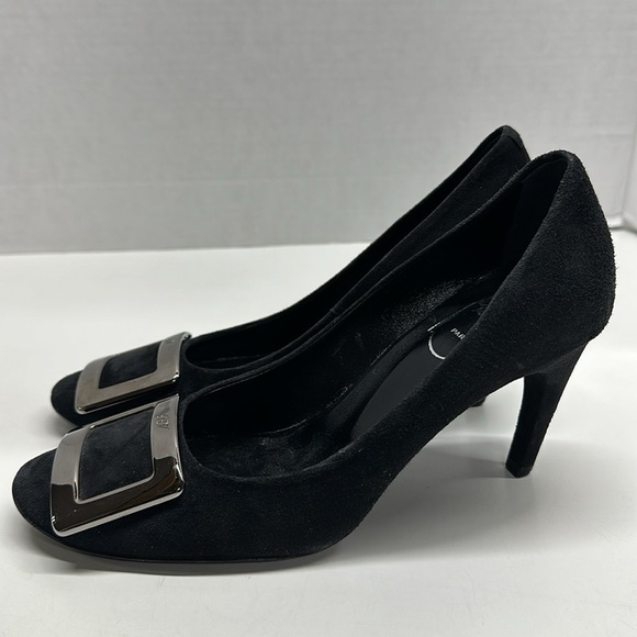 Roger Vivier High Heel Shoes Suede Pumps Round Toe Square Logo Black Size 36.5 - Picture 6 of 13